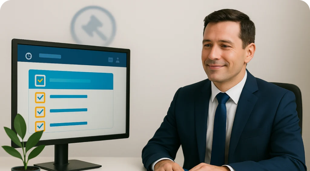 Gestor analisando checklist de atividades em sistema digital de controle de ponto.