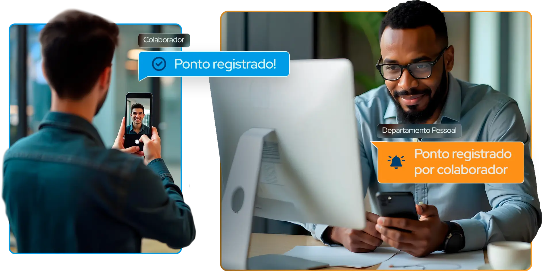Colaborador registra ponto por reconhecimento facial enquanto setor de RH acompanha em tempo real pelo computador.