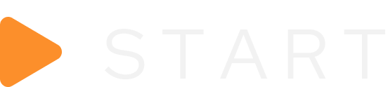 Logotipo com a palavra START acompanhada de ícone laranja de início em formato de play.