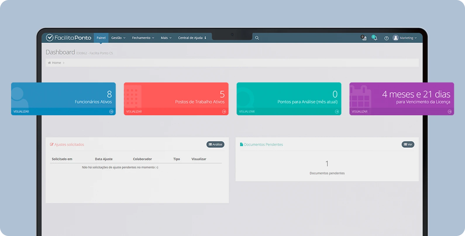 Tela da versão web do sistema Facilita Ponto com dashboard de gestão de funcionários e postos de trabalho.
